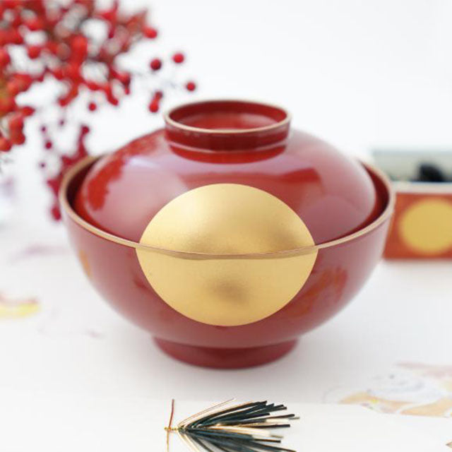 YUWEN ORIGINAL SOUP BOWL RED WITH GOLD SKY & HALF-MOON DESIGN