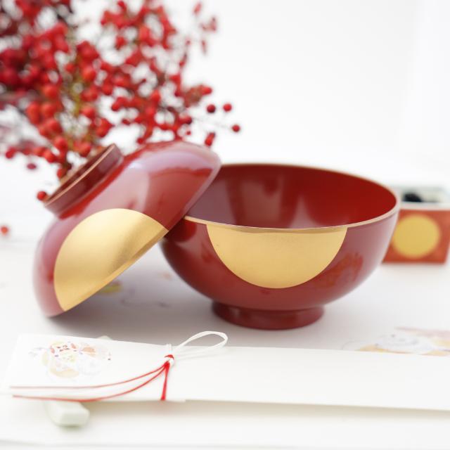 YUWEN ORIGINAL SOUP BOWL RED WITH GOLD SKY & HALF-MOON DESIGN