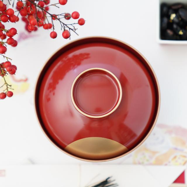 YUWEN ORIGINAL SOUP BOWL RED WITH GOLD SKY & HALF-MOON DESIGN